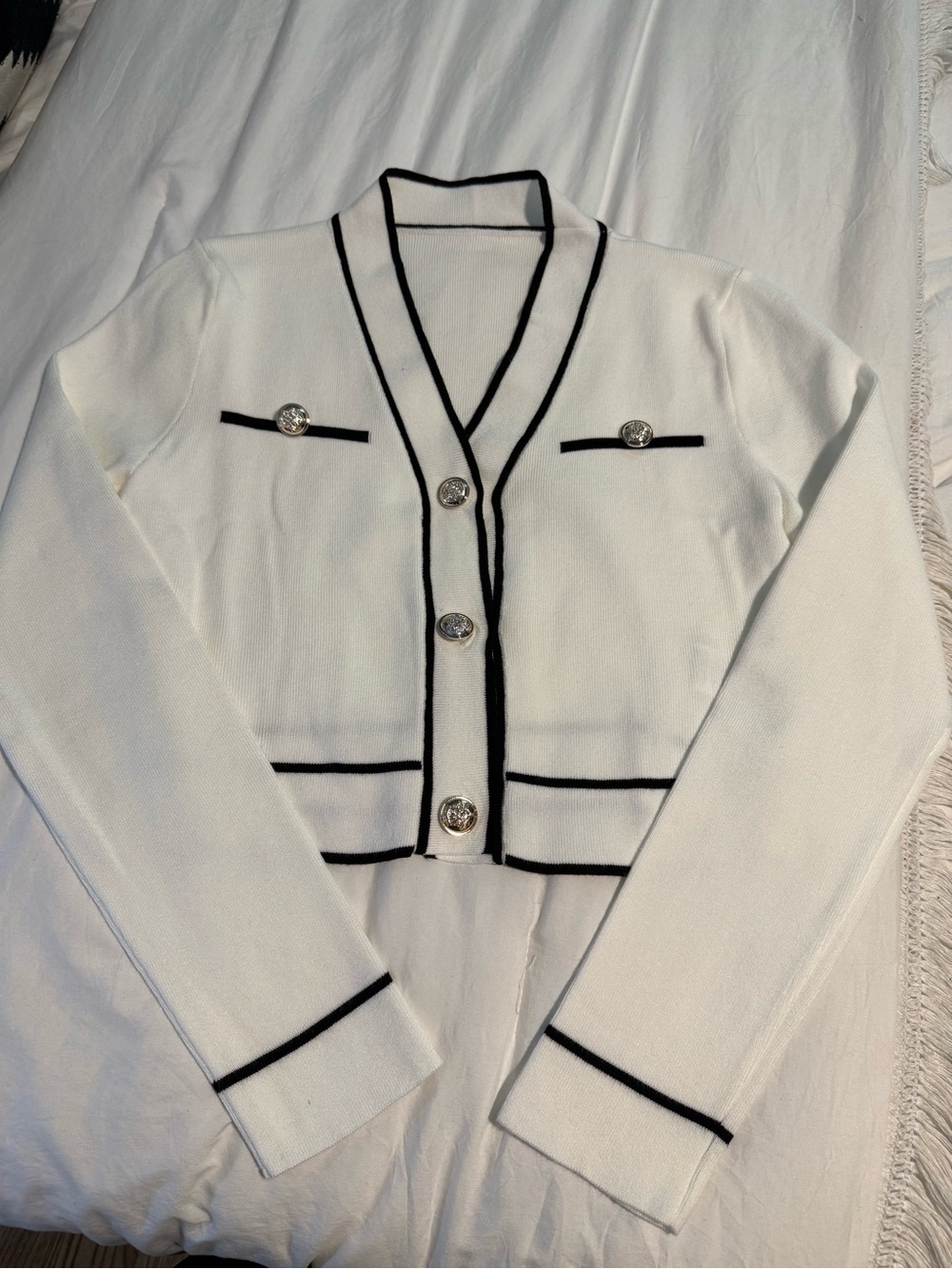 SHEIN White Cropped Knit Cardigan with Black Trim